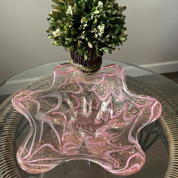 Murano Italy Designer (Ercole Barovier & Toso) Pink Swirl Gold Fleck Design 12"